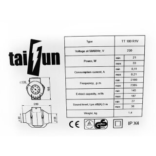 Taifun 2 Speed controlled Inline Ventilator 145/187m³/h 100mm
